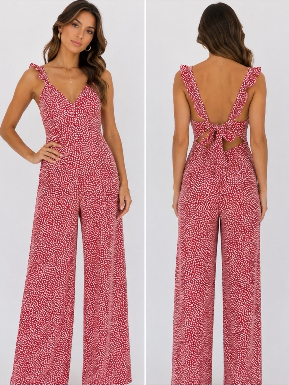RESA Red Dotted Wide-Leg Tie-Back Jumpsuit